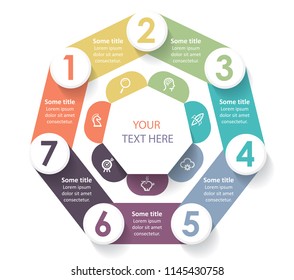 Circular business Infographic design template with icons and 7 options or steps.  Can be used for process diagram, presentations, workflow layout, banner, flow chart, info graph.
