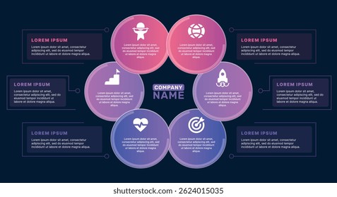 Circular business infographic with gradient icons and central company name for strategy, identity, and service overview.