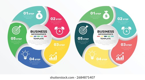 Conjunto de Plantilla circular de infografía de negocios con diseño de Vector de cinco pasos