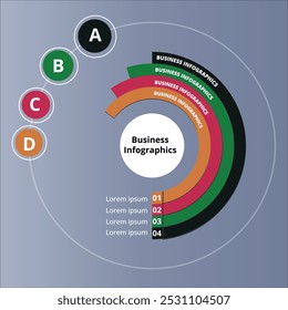 A circular business infographic vector design featuring concentric arcs labeled with different steps or sections.