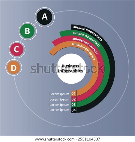 A circular business infographic vector design featuring concentric arcs labeled with different steps or sections.