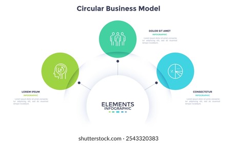 Modelo de negócios circular de modelo de design infográfico de inovação de marketing. Analisando informações para o gráfico de informações de crescimento corporativo com ícones de linha fina. Gráficos de instrução com 3 etapas para banners