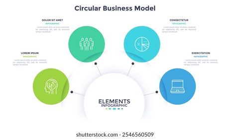 Modelo de negócios circular de modelo de design infográfico de inovação de marketing. Analisando informações para o gráfico de informações de crescimento corporativo com ícones de linha fina. Gráficos de instrução com 4 etapas para banners