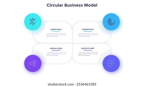 Modelo de negócios circular realizando análise de dados de negócios design de gráfico infográfico. Infográfico de estratégia comercial da empresa com ícones e texto. Gráficos vetoriais com 4 etapas para criação de banner da Web