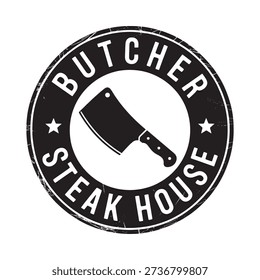Circular butcher shop sign featuring a knife and text butcher steak house