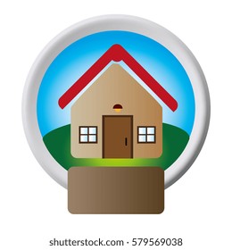 circular button with realistic house one floor inside and garden with plaque