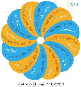 Circular Calendar For 2014, Each Month In A Oval