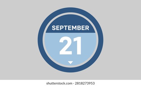 Circular calendar button displaying the date of September twenty-first is isolated on a solid light gray background.