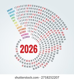Planejador do Calendário Circular para 2026. Projeto do calendário de 2026, conjunto de 12 meses. Layout de planejador anual elegante para negócios, documentos corporativos, relatórios e sistemas de agendamento modernos.