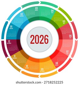 Planejador do Calendário Circular para 2026. Projeto do calendário de 2026, conjunto de 12 meses. Layout de planejador anual elegante para negócios, documentos corporativos, relatórios e sistemas de agendamento modernos.