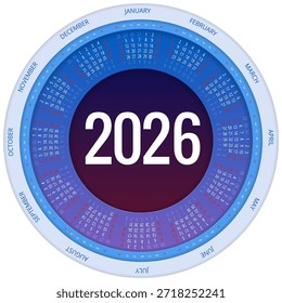Calendario circular planificador para 2026. 2026 calendario diseño, conjunto de 12 meses. Elegante diseño de planificador anual para negocios, documentos corporativos, informes y modernos sistemas de programación.