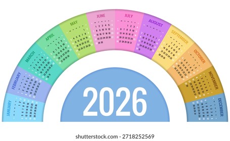 Planejador do Calendário Circular para 2026. Projeto do calendário de 2026, conjunto de 12 meses. Layout de planejador anual elegante para negócios, documentos corporativos, relatórios e sistemas de agendamento modernos.