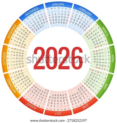 Circular Calendar planner for 2026. 2026 calendar design, set of 12 months. Elegant yearly planner layout for business, corporate documents, reports and modern scheduling systems.