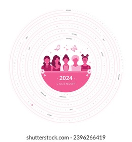 Circular calendar template for 2024, featuring modern, flat artwork of girls, middle-aged and elderly women, ideal for organizations and events promoting women’s leadership and empowerment