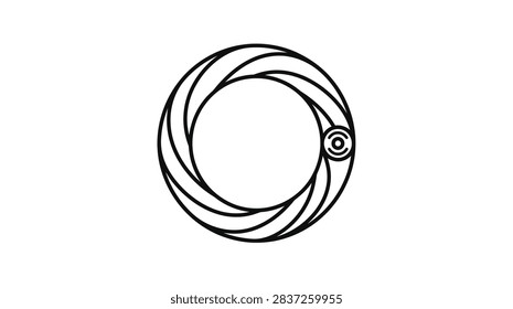 A circular camera aperture icon featuring overlapping curved blades and a small adjustment dial on the side, rendered in clean black lines on a white background