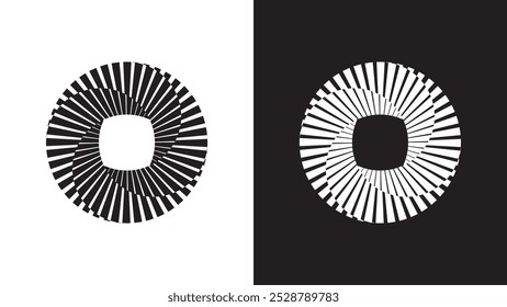 Circular camera shutter stripes abstract icon. Black and white design pattern featuring two circles, abstract pattern with radiating lines, resembling a spinning optical illusion