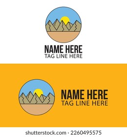 Diseño del logotipo del camping circular, montaña, sol, desierto, logotipo silvestre