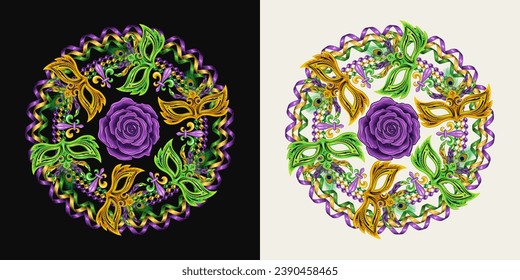 Circular carnival Mardi Gras composition with rose, party streamers, string of beads, masquerade masks, Fleur de lis symbol. For prints, clothing, t shirt, plate, surface design. Vintage style Not AI