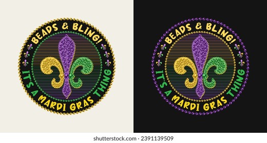 Etiqueta del Mardi Gras de carnaval circular. Señal de la Flor de Lis con mosaico de cuentas sobre fondo rayado. Colas de texto que hacen el asunto del Mardi Gras. Para impresiones, prendas de vestir, placas, prendas de vestir, camisetas, diseño de superficies