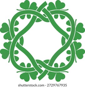 Moldura de trevo de estilo celta circular com folhas de trevo entrelaçadas. Ilustração vetorial plana representando a cultura irlandesa e o Dia de São Patrício.