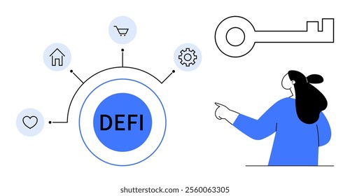 Circular center labeled DEFI with symbols for heart, home, shopping cart, and gear radiating outwards. Person pointing at key outlines on the right. Ideal for finance, technology, decentralization