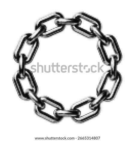 Circular chain frame halftone illustration in monochrome, isolated on white background.