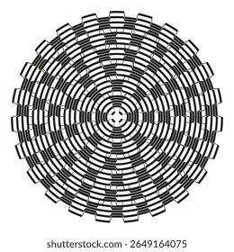 Circular chain spiral. Concentric ring maze. Metallic swirl disk. Vector rotation emblem.