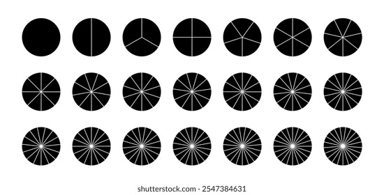 Gráfico circular con 21 sectores, icono de pastel o rebanada de pizza. División de la rueda en fracciones. Vector negro ilustraciones