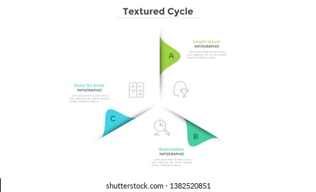 Circular Chart With 3 Paper White Sectors. Concept Of Cyclical Business Process With Three Stages Or Phases. Minimal Infographic Design Layout. Modern Vector Illustration For Business Presentation.