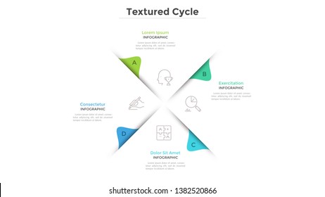 Circular Chart With 4 Paper White Sectors. Concept Of Cyclical Business Process With Four Stages Or Phases. Minimal Infographic Design Layout. Modern Vector Illustration For Business Presentation.