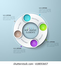 Circular chart with 4 rounded overlaying elements, linear symbols and text boxes. Four steps of work cycle concept. Creative infographic design template. Vector illustration for presentation, website.