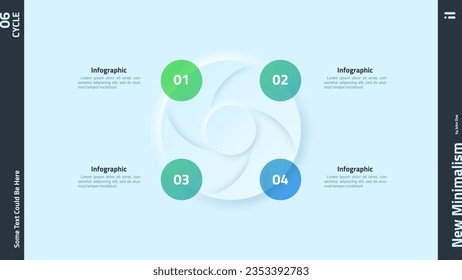 Gráfico circular con 4 elementos espirales y círculos. Concepto de cuatro etapas del ciclo manufacturero. Plantilla de diseño de infografía neumórfica. Ilustración vectorial moderna para la visualización de procesos empresariales.