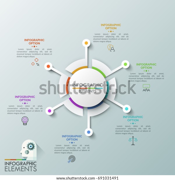 Circular chart with 6 separate sectors\
surrounded by thin line pictograms and text boxes. Concept of six\
steps to successful business development. Vector illustration for\
presentation,\
brochure.