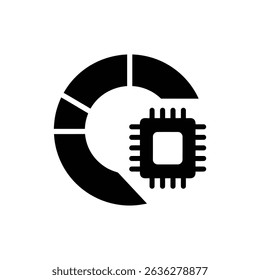 Circular chart with chip icon on white background for data technology