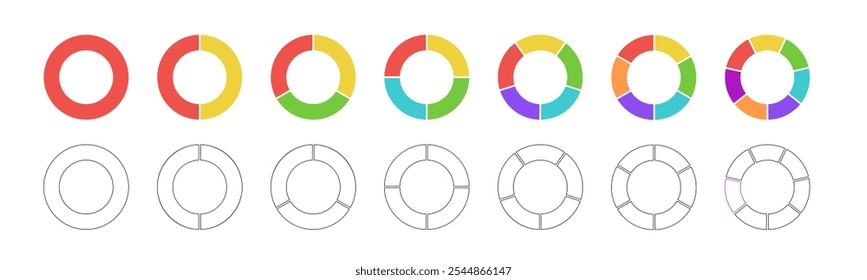 Gráfico circular con color y segmentos monocromos. División de la rueda en fracciones, sectores de la forma. Infografía del Vector