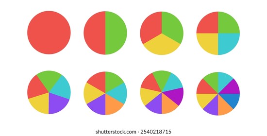 Circular chart with colorful segments. Wheel division into fractions, circular shape sectors. Vector infographic