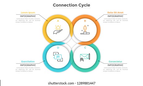 Circular chart consisted of 4 intersected or overlapping round elements. Concept of production cycle with four stages. Creative infographic design template. Vector illustration for business report.
