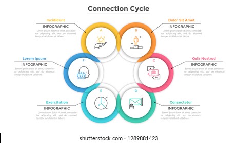 Circular chart consisted of 6 intersected or overlapping round elements. Concept of production cycle with six stages. Creative infographic design template. Vector illustration for business report.