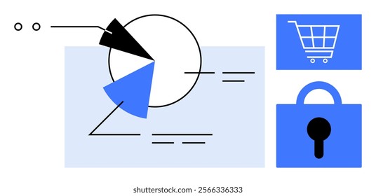 Circular chart with data points, a shopping cart, and a lock symbol. Ideal for business analytics, data security, online shopping, technology, and market research. Clean, modern vector style