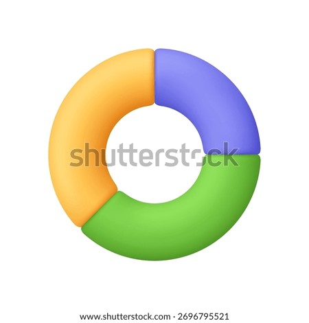 Circular chart diagram with three segments in yellow, green, purple. Presentation, infographic, analytics, statistics, data analysis and visualization concept. 3d vector icon. Cartoon minimal style.