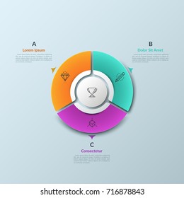 Kreisdiagramm unterteilt in 3 Sektoren und rundes Element in der Mitte, dünne Linien Symbole und Pfeile. Drei Merkmale einer erfolgreichen Geschäftsentwicklung. Infografische Design-Vorlage.  Vektorgrafik.