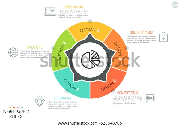 Circular chart divided into 5 pieces with arrows\
pointing at text boxes and linear icons. Minimalistic infographic\
design template. Round website menu concept. Vector illustration\
for report, banner.