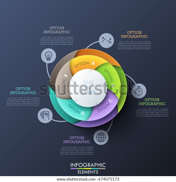 Circular chart divided into 5 lettered\
spiral pieces connected with thin line symbols and text boxes.\
Visualization of cyclic process with five steps. Infographic design\
layout. Vector\
illustration.