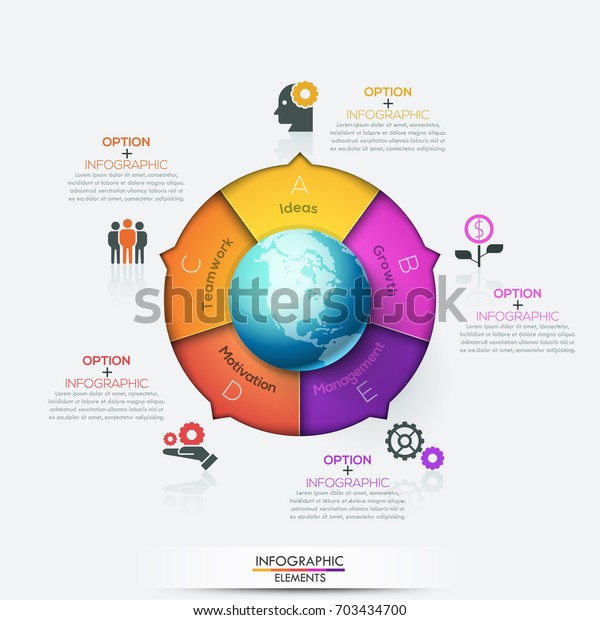 Circular chart divided into 5 bright colored\
parts with arrows pointing at pictograms, text boxes and planet in\
center. Five characteristics of multinational corporation.\
Infographic design\
template.