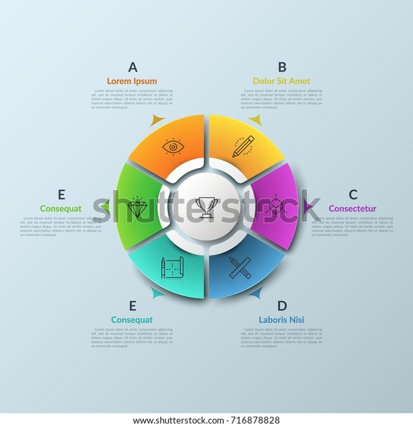 Circular chart divided into 6 bright\
colored parts and white round central element, thin line symbols\
and arrows pointing at text boxes. Creative infographic design\
template. Vector\
illustration.