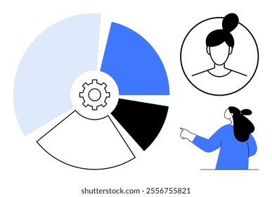 Circular chart divided into blue, black, white, and light blue segments with a gear icon in the center. Woman pointing in blue shirt and female avatar. Ideal for data analysis, business reporting