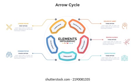 Circular chart divided into five double-headed arrow-like elements. Concept of 5 stages of cyclic business process. Simple infographic design template. Modern flat vector illustration for report.