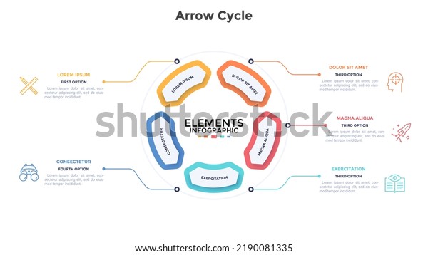 Circular chart divided into five double-headed\
arrow-like elements. Concept of 5 stages of cyclic business\
process. Simple infographic design template. Modern flat vector\
illustration for\
report.