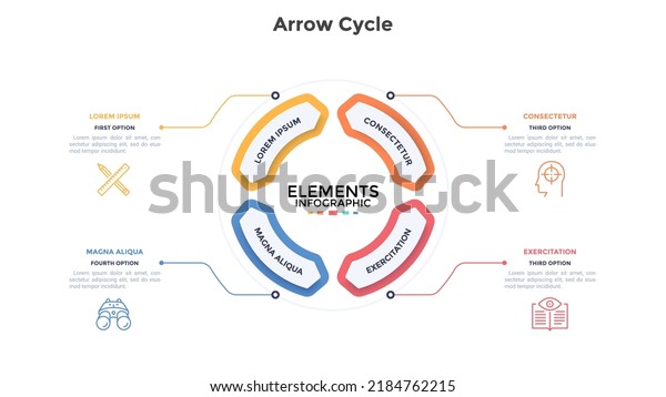 Circular chart divided into four double-headed\
arrow-like elements. Concept of 4 stages of cyclic business\
process. Simple infographic design template. Modern flat vector\
illustration for\
report.