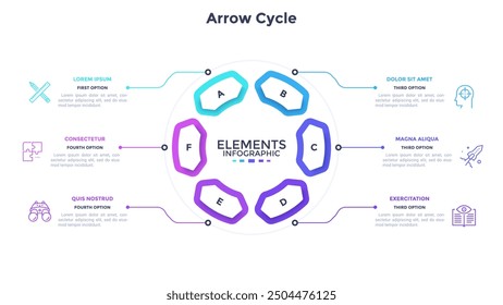 Circular chart divided into six double-headed arrow-like elements. Concept of 6 stages of cyclic business process. Simple infographic design template. Modern flat vector illustration for report.